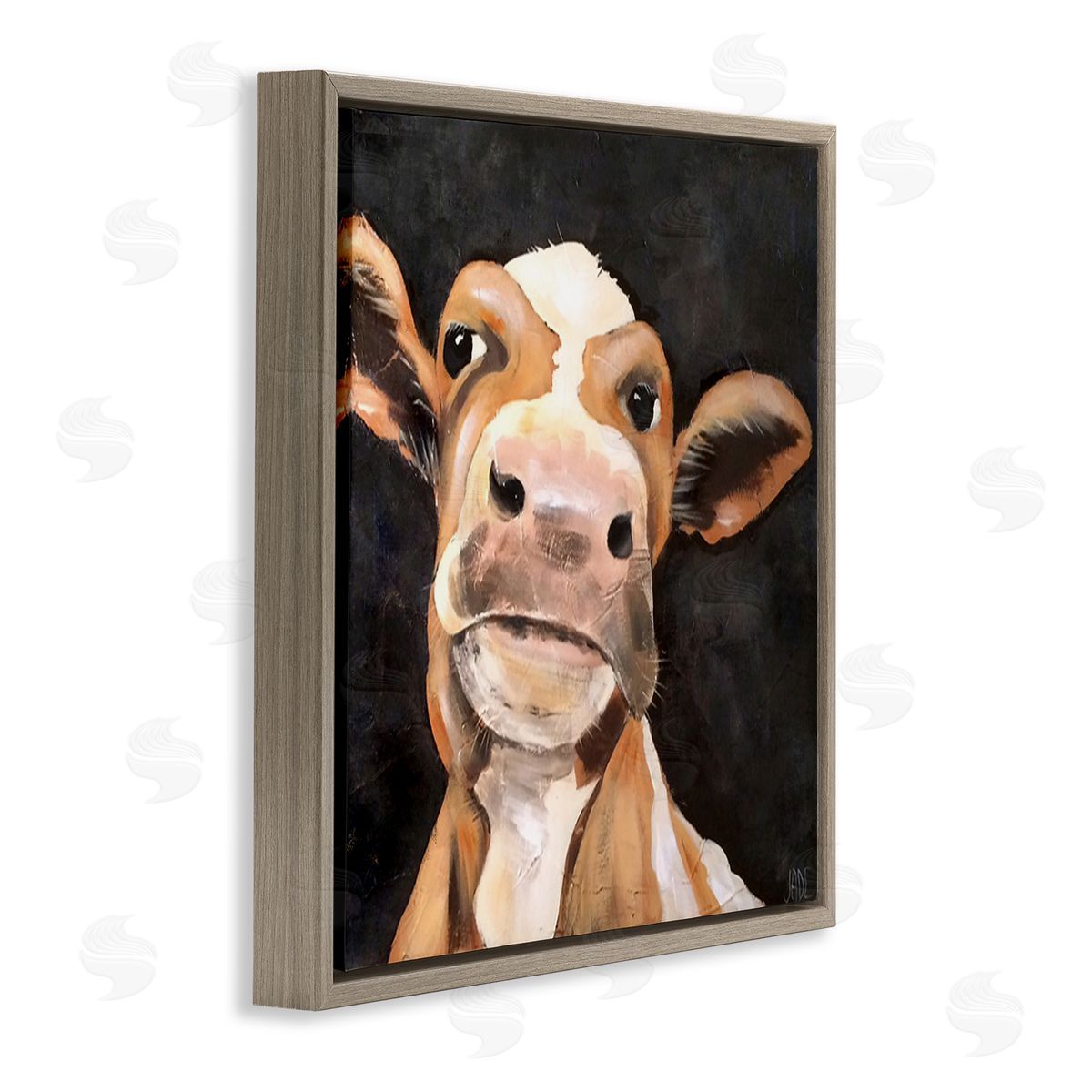Country Cow on Black Brown Floating Frame Canvas Wall Art, Home Decor by Jade Reynolds