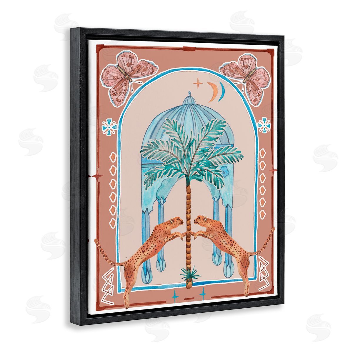 Traditional Leopards and Palm Tree Black Floating Frame Canvas Wall Art, Home Decor by Melissa Wang