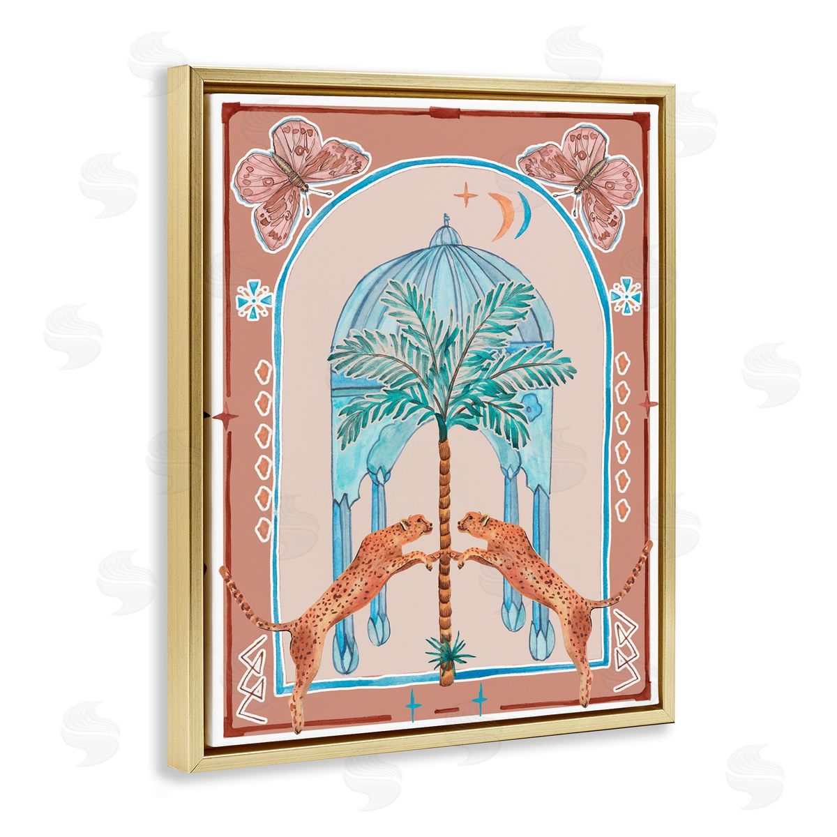 Traditional Leopards and Palm Tree Gold Floating Frame Canvas Wall Art, Home Decor by Melissa Wang