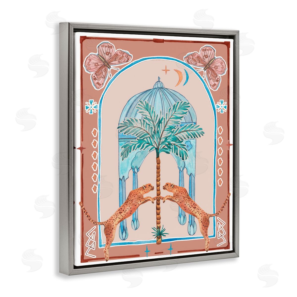Traditional Leopards and Palm Tree Grey Floating Frame Canvas Wall Art, Home Decor by Melissa Wang