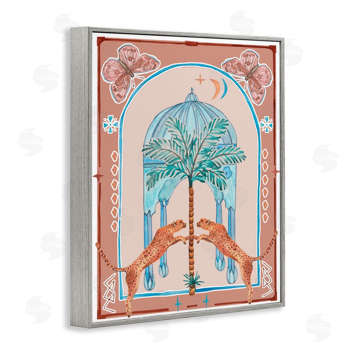 Traditional Leopards and Palm Tree Grey Frame Print Wall Art, Home Decor by Melissa Wang
