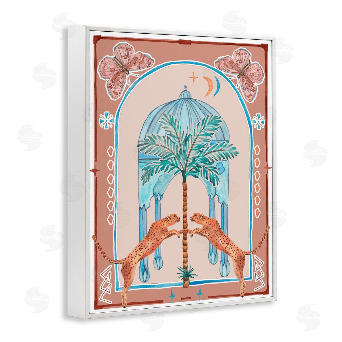 Traditional Leopards and Palm Tree White Frame Print Wall Art, Home Decor by Melissa Wang