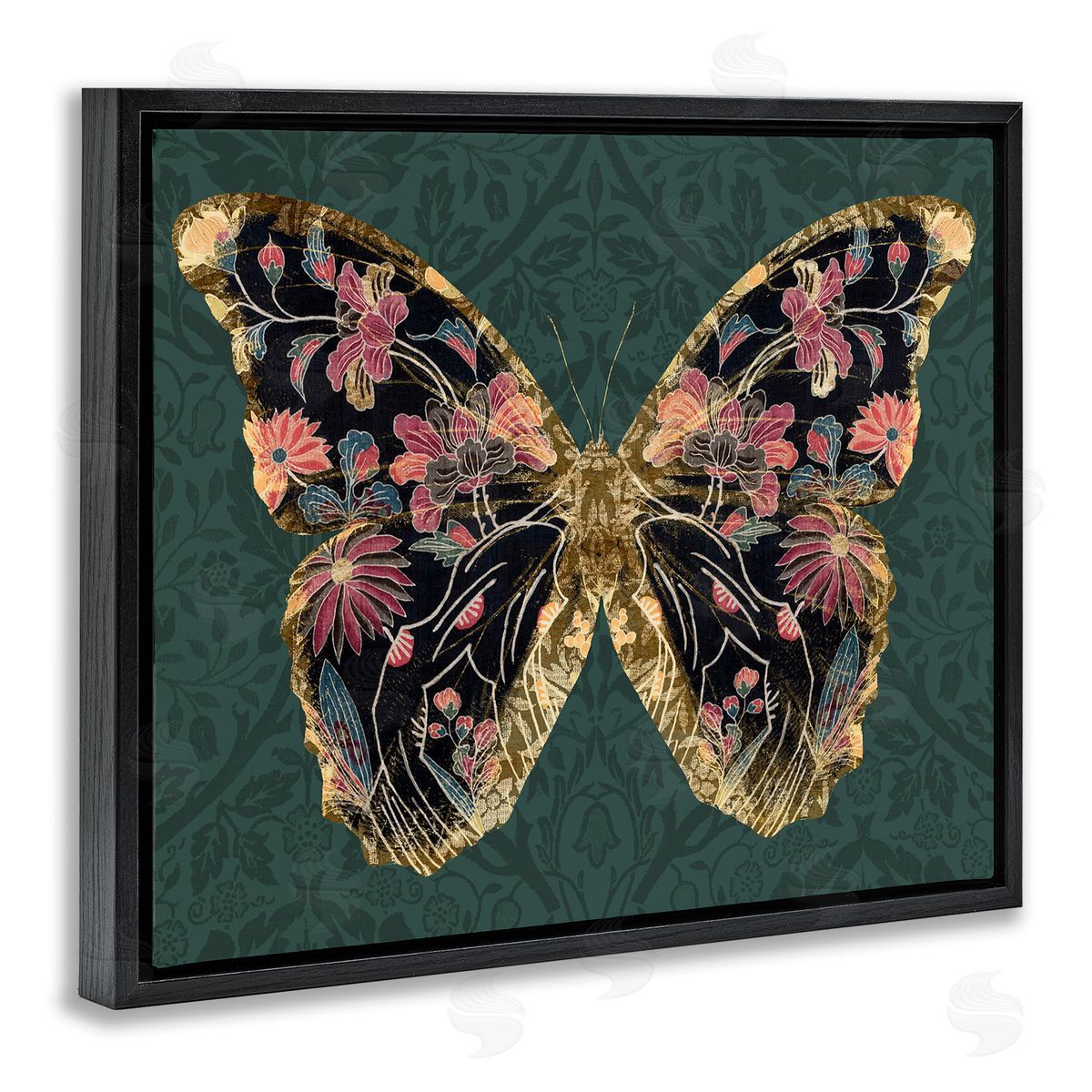 Botanical Pattern Butterfly Black Floating Frame Canvas Wall Art, Home Decor by Victoria Barnes
