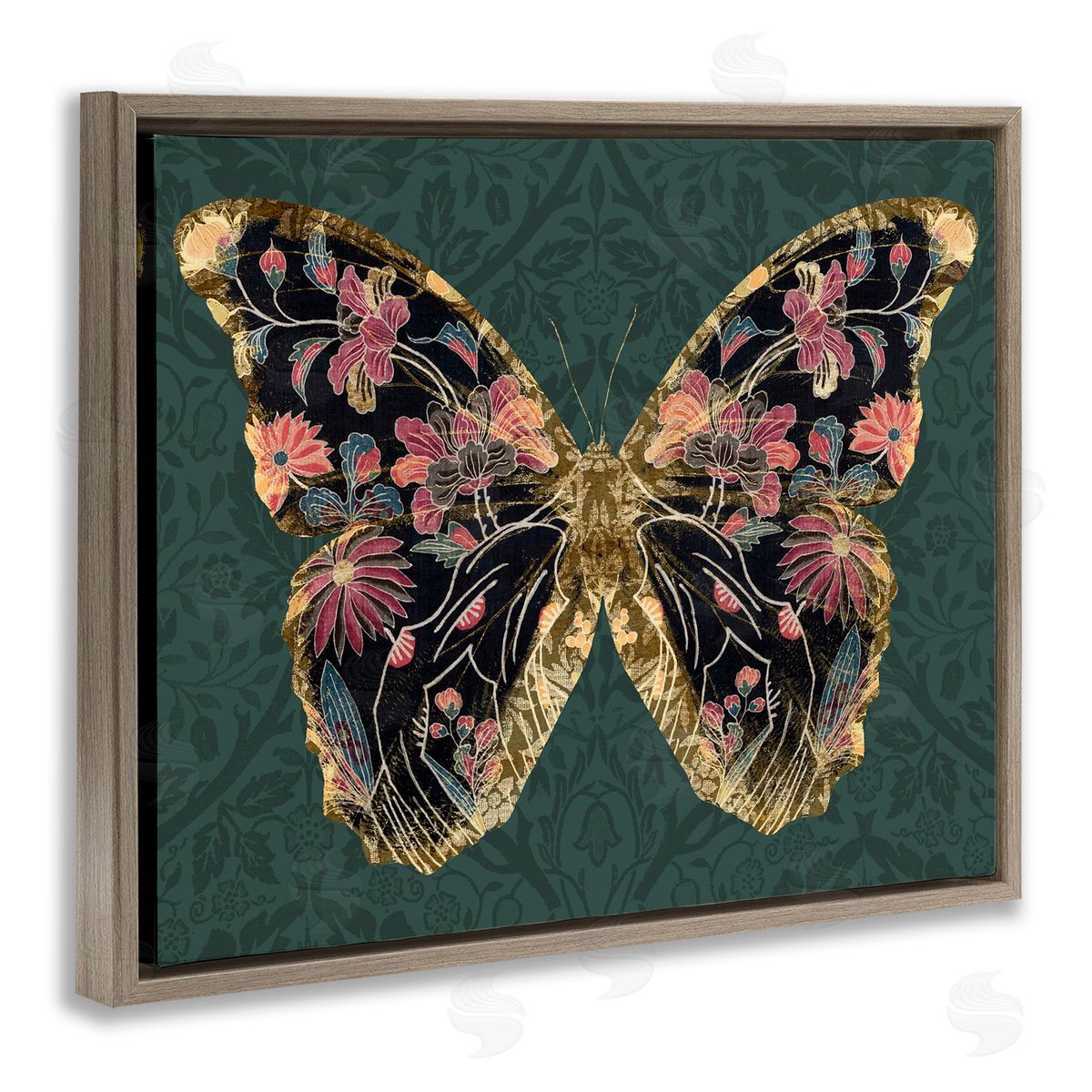 Botanical Pattern Butterfly Brown Floating Frame Canvas Wall Art, Home Decor by Victoria Barnes