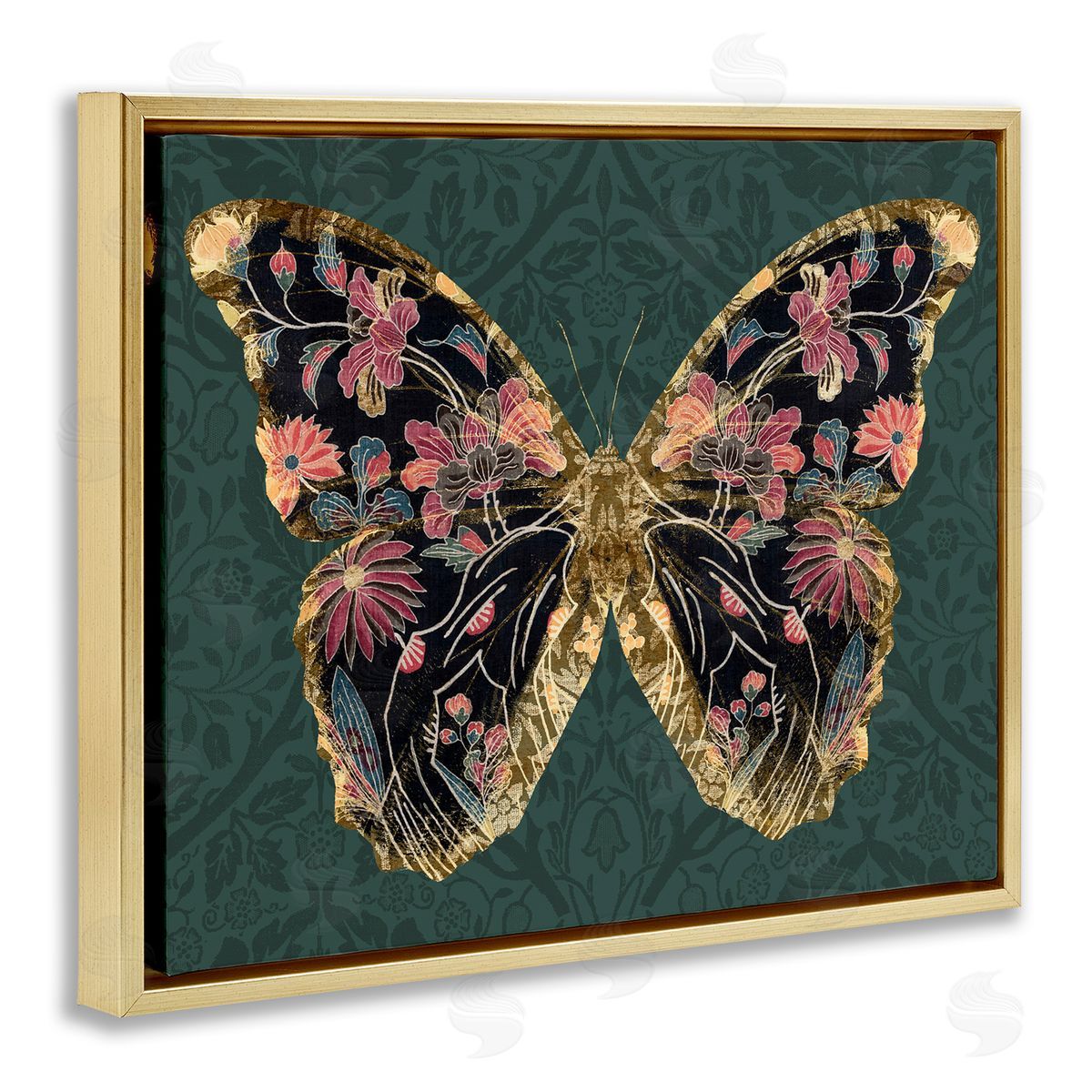 Botanical Pattern Butterfly Gold Floating Frame Canvas Wall Art, Home Decor by Victoria Barnes
