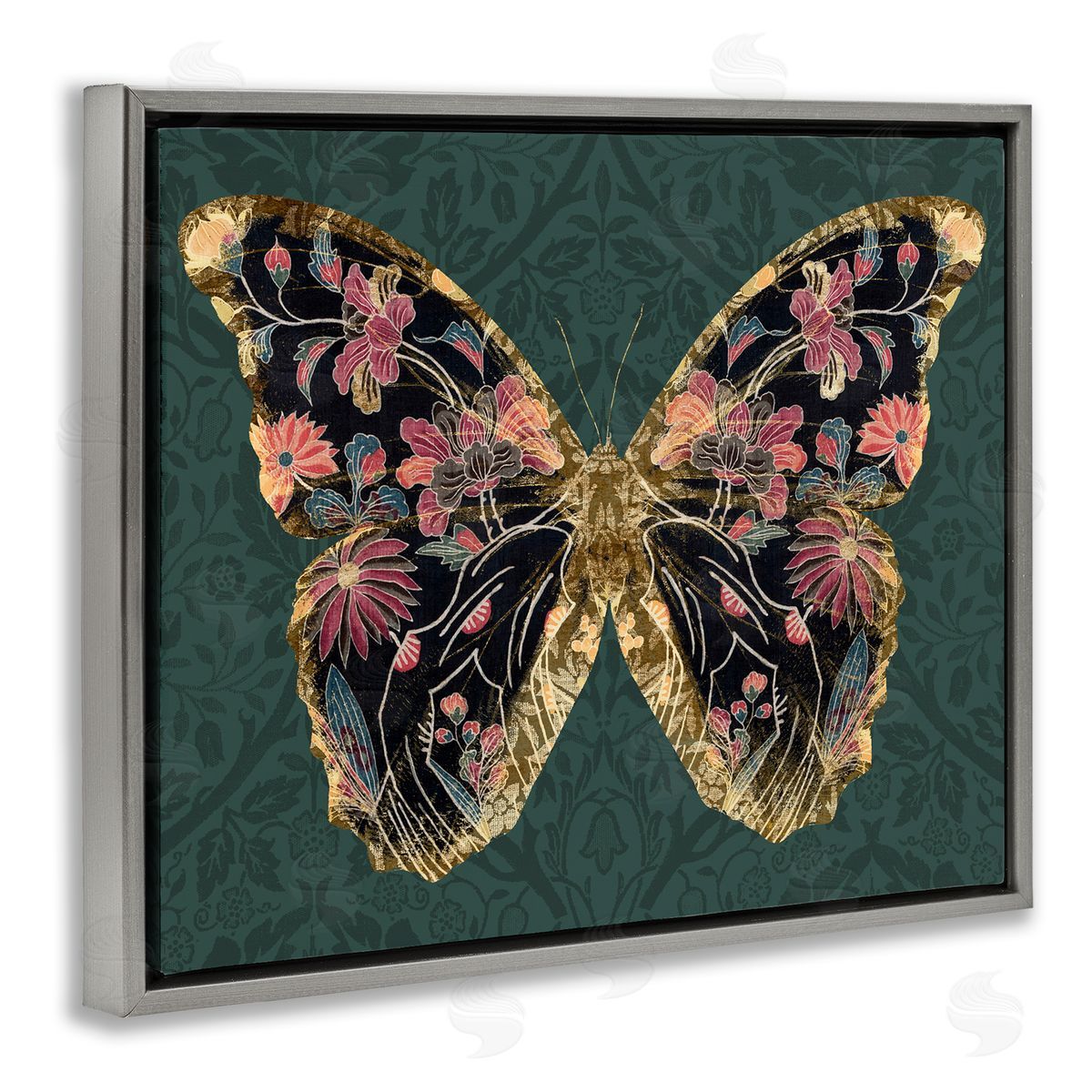 Botanical Pattern Butterfly Grey Floating Frame Canvas Wall Art, Home Decor by Victoria Barnes