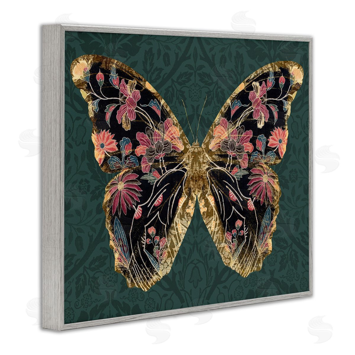 Botanical Pattern Butterfly Grey Frame Print Wall Art, Home Decor by Victoria Barnes
