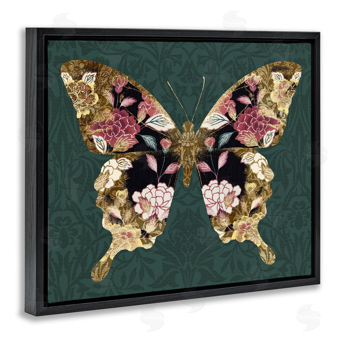 Traditional Florals Butterfly Black Floating Frame Canvas Wall Art, Home Decor by Victoria Barnes