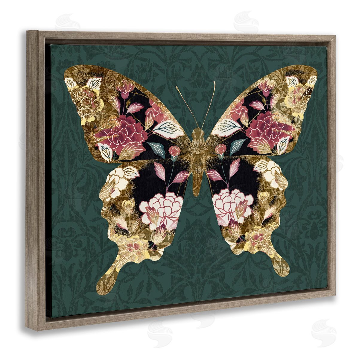 Traditional Florals Butterfly Brown Floating Frame Canvas Wall Art, Home Decor by Victoria Barnes