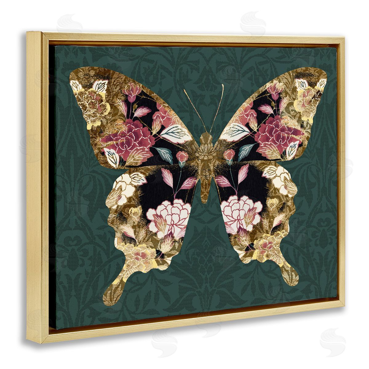 Traditional Florals Butterfly Gold Floating Frame Canvas Wall Art, Home Decor by Victoria Barnes