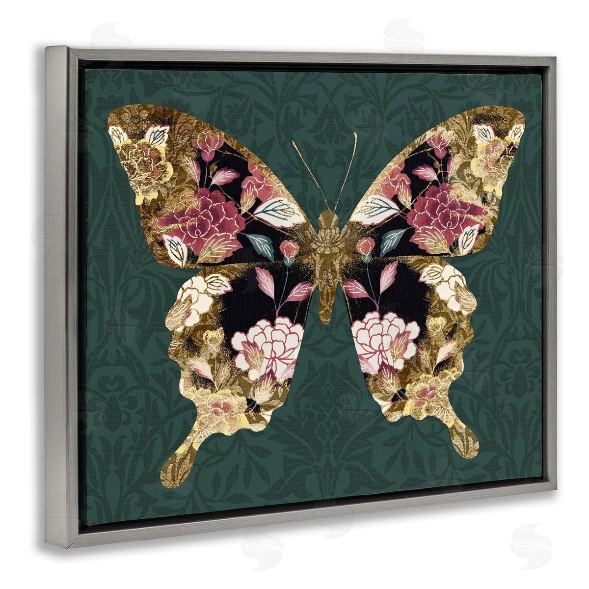 Traditional Florals Butterfly Grey Floating Frame Canvas Wall Art, Home Decor by Victoria Barnes