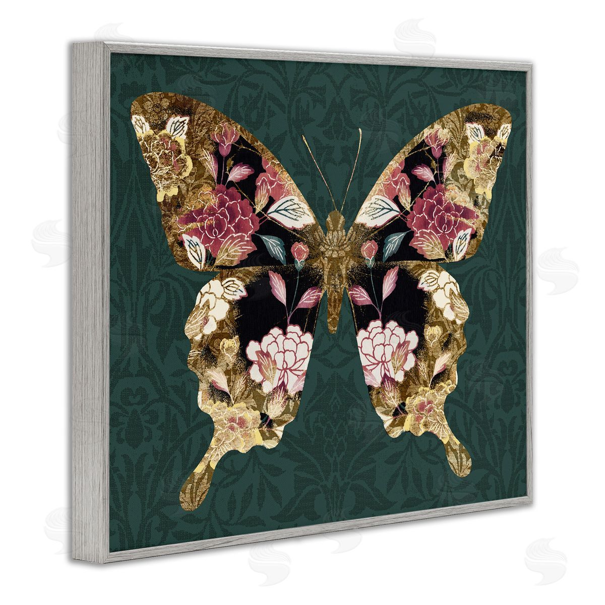 Traditional Florals Butterfly Grey Frame Print Wall Art, Home Decor by Victoria Barnes