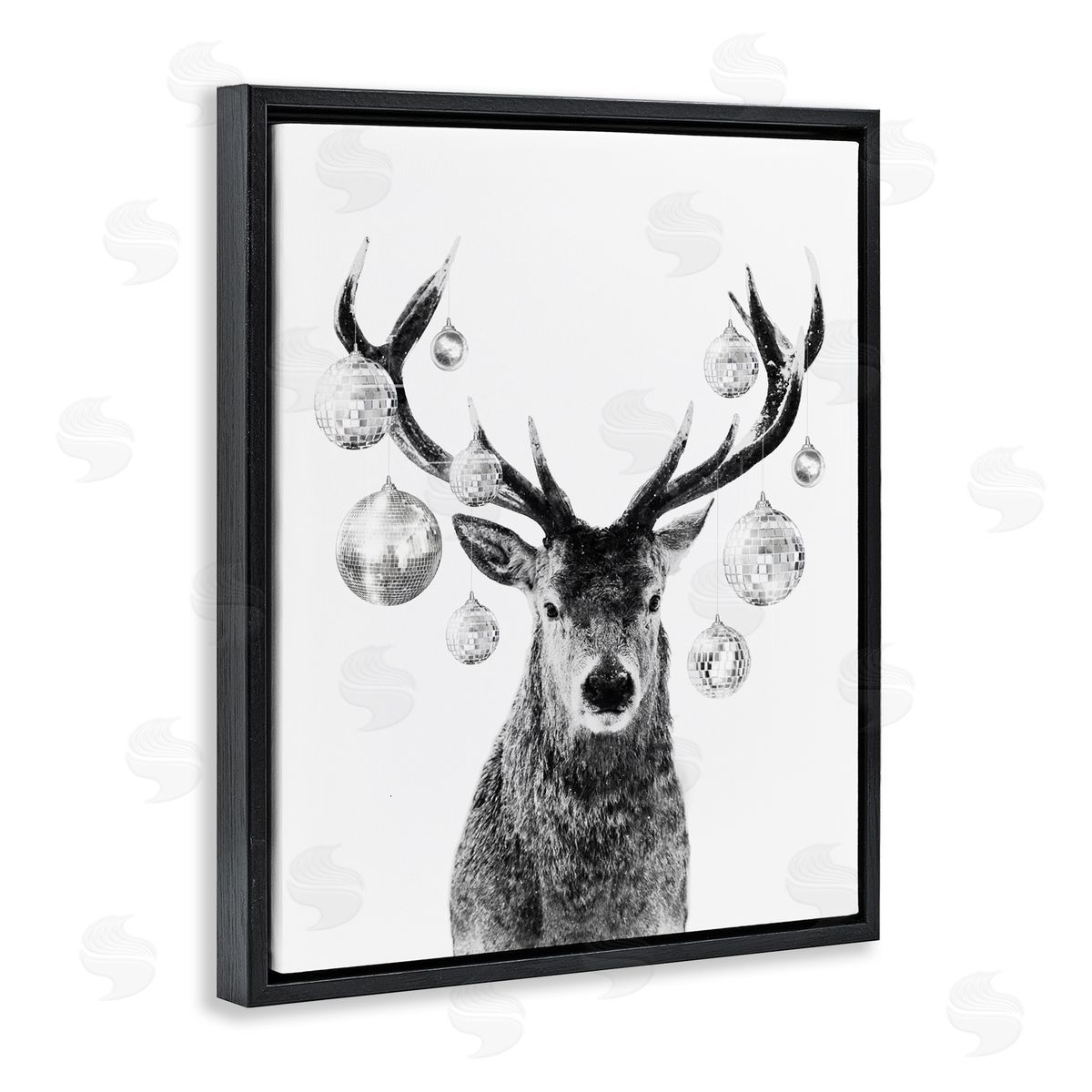 Deer with Disco Balls Black Floating Frame Canvas Wall Art, Home Decor by Victoria Barnes