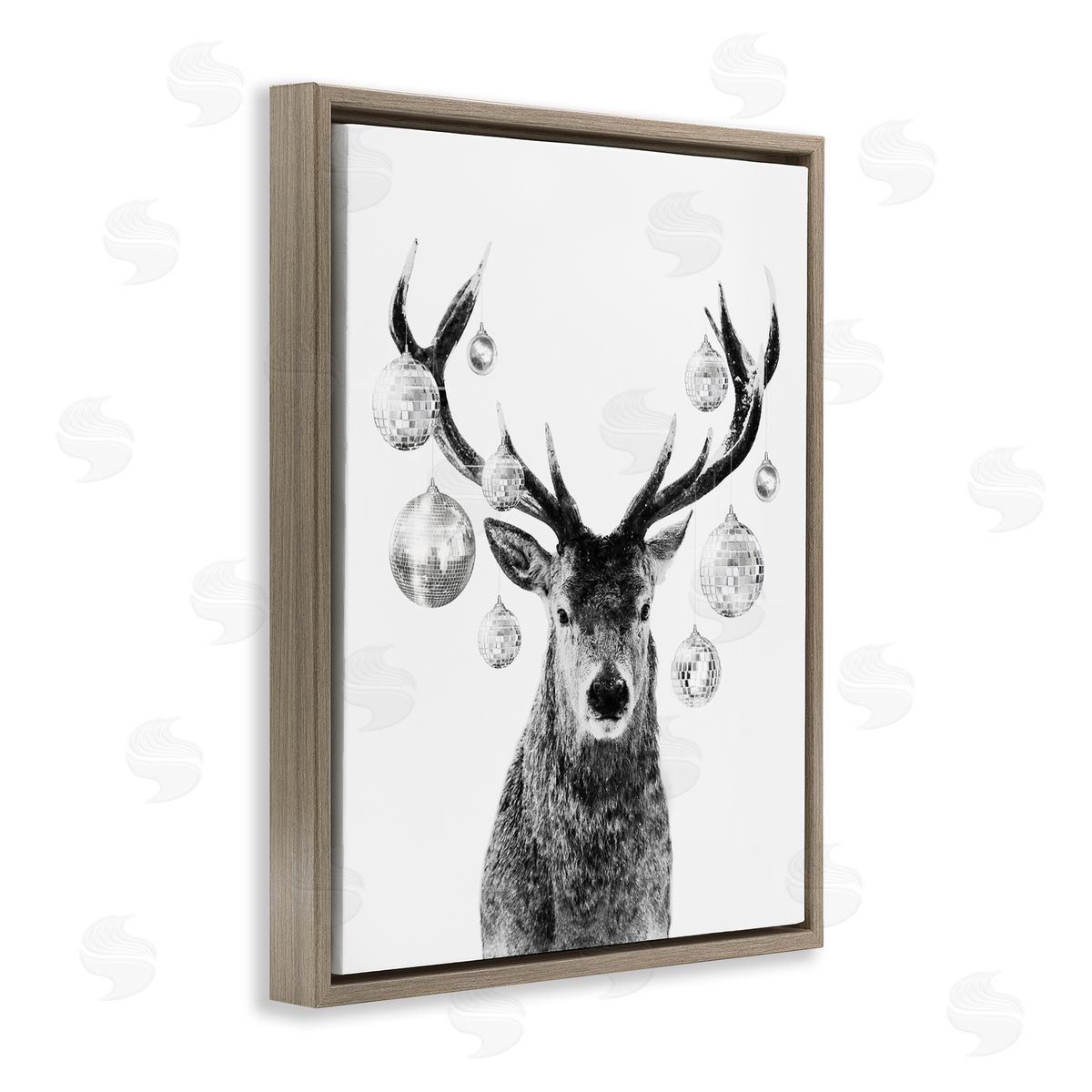 Deer with Disco Balls Brown Floating Frame Canvas Wall Art, Home Decor by Victoria Barnes