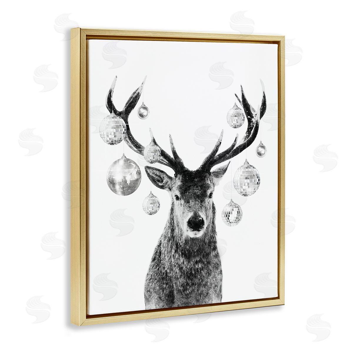Deer with Disco Balls Gold Floating Frame Canvas Wall Art, Home Decor by Victoria Barnes
