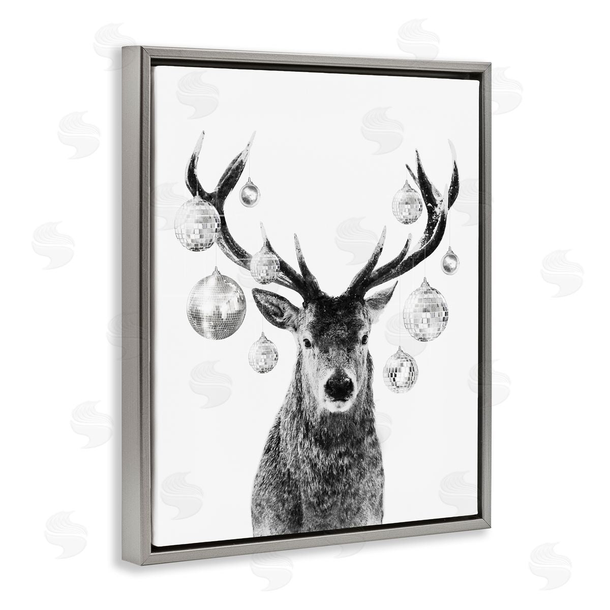 Deer with Disco Balls Grey Floating Frame Canvas Wall Art, Home Decor by Victoria Barnes