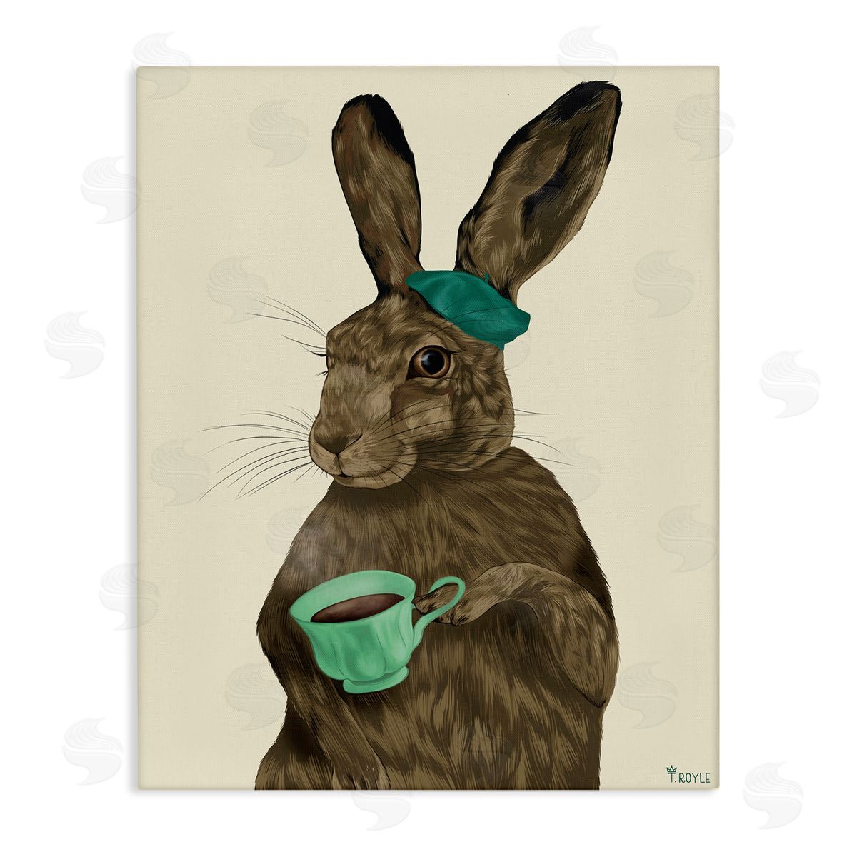 Rabbit and Green Teacup Canvas Wall Art, Home Decor by Tara Royle