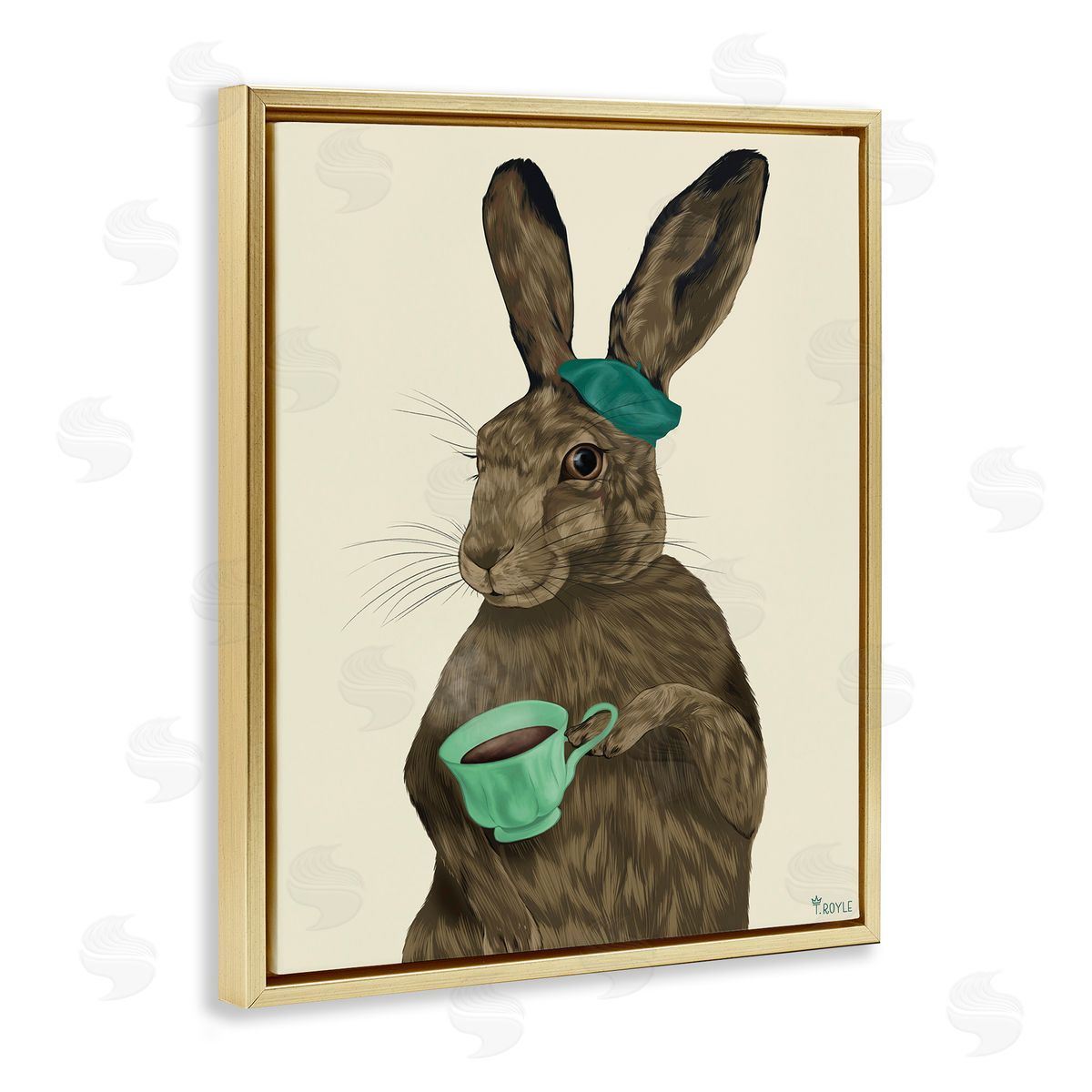 Rabbit and Green Teacup Gold Floating Frame Canvas Wall Art, Home Decor by Tara Royle
