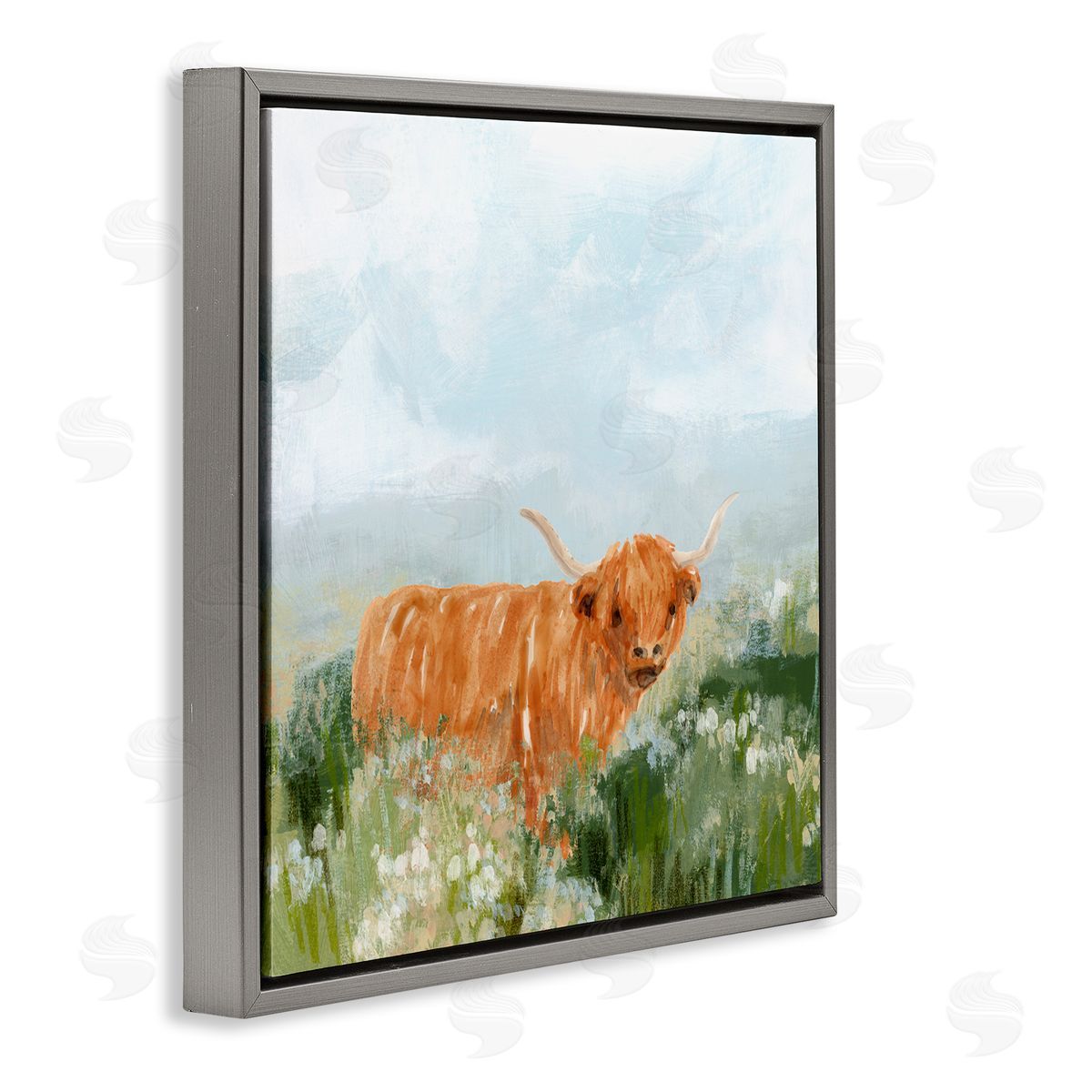 Longhorn Cattle Country Field Grey Floating Frame Canvas Wall Art, Home Decor by June Erica Vess