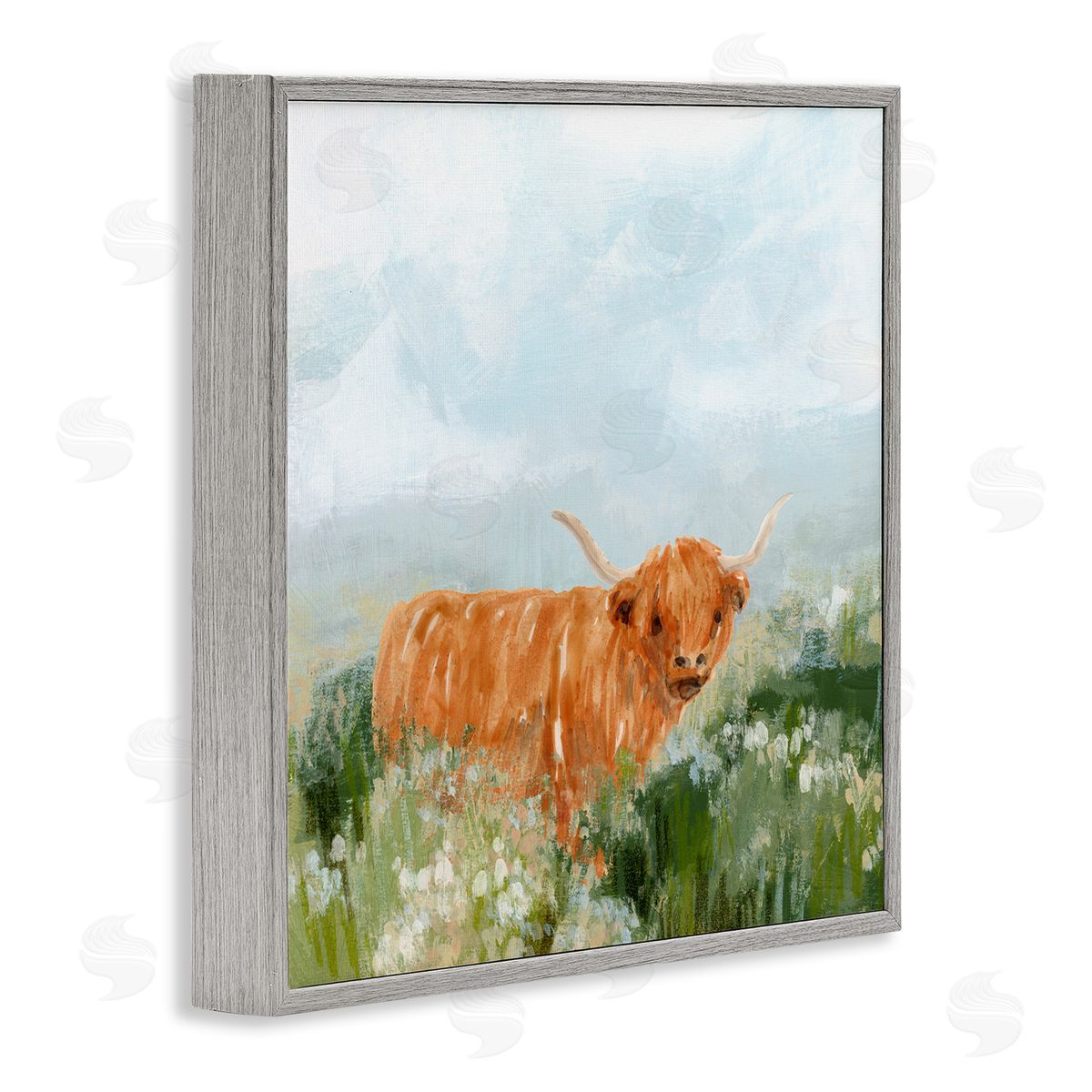 Longhorn Cattle Country Field Grey Frame Print Wall Art, Home Decor by June Erica Vess