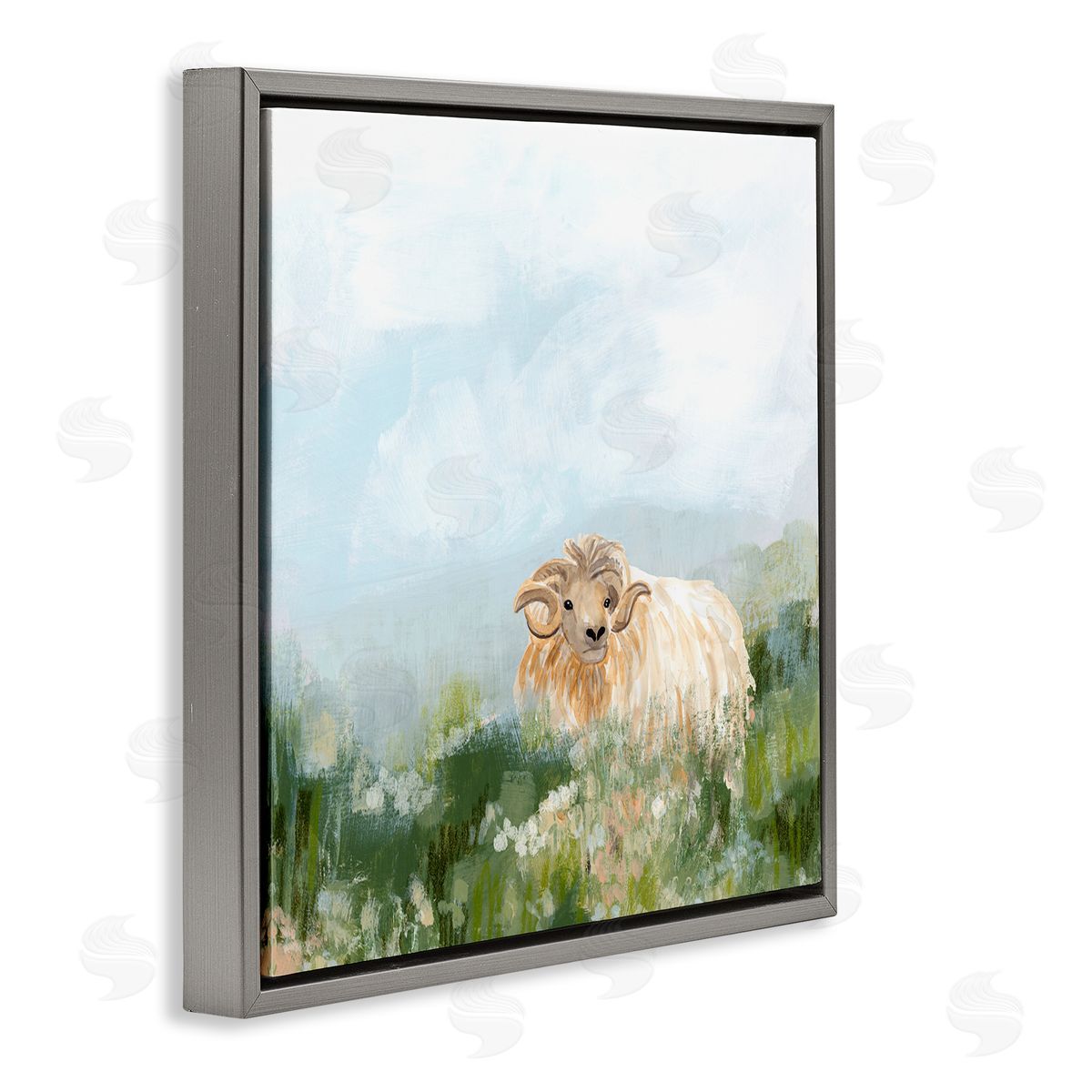 Rural Goat in Meadow Grey Floating Frame Canvas Wall Art, Home Decor by June Erica Vess