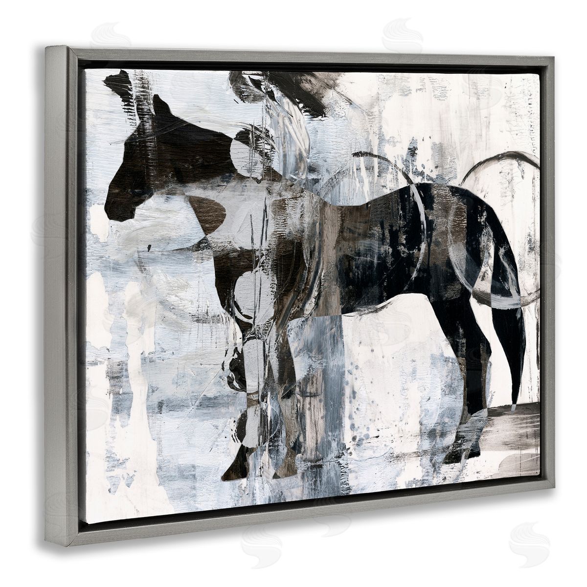 Horse and Abstract Circles Grey Floating Frame Canvas Wall Art, Home Decor by Ethan Harper