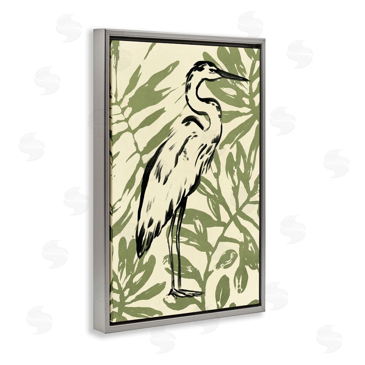 Tropical Leaves and Bird Grey Floating Frame Canvas Wall Art, Home Decor by June Erica Vess