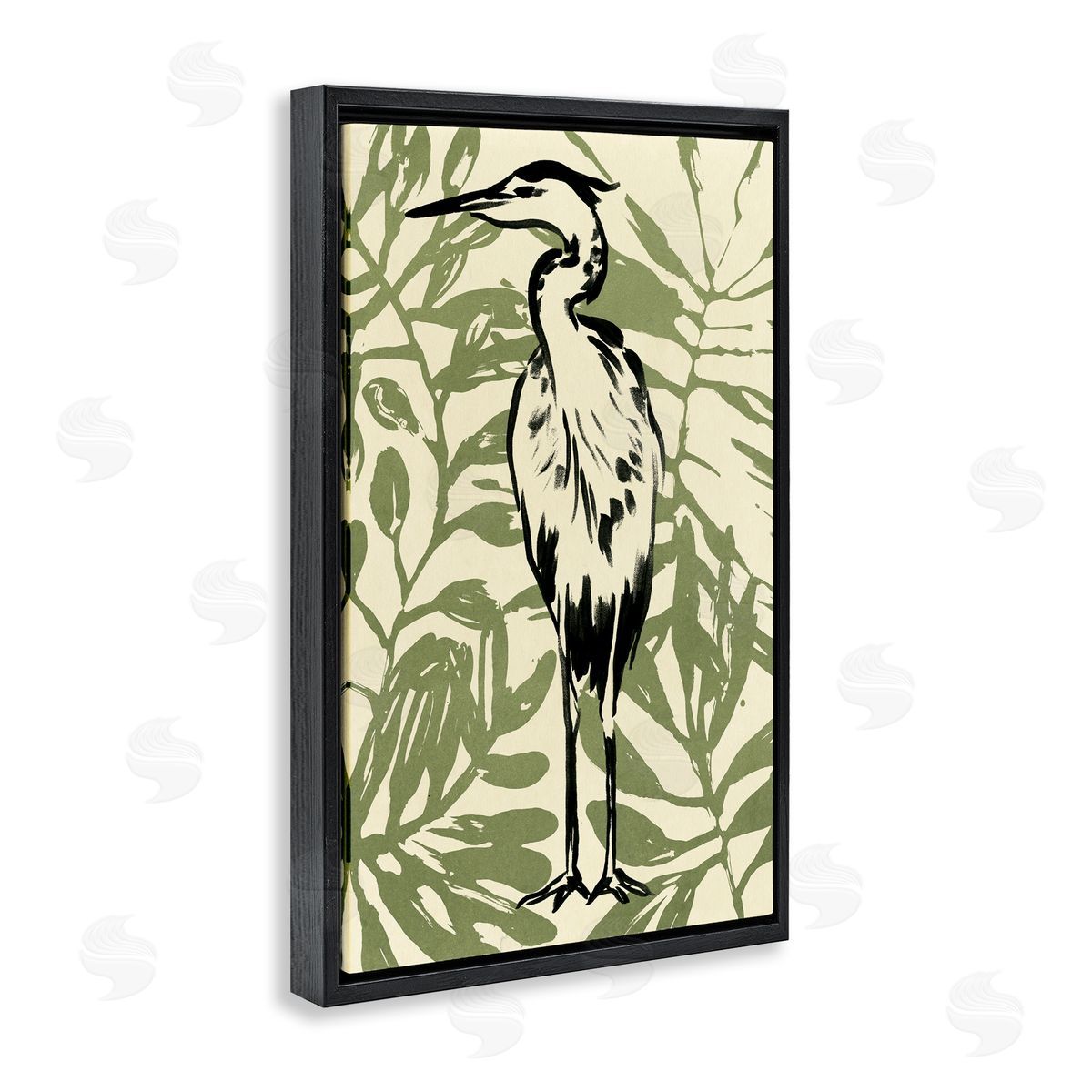 Wild Heron and Leaves Black Floating Frame Canvas Wall Art, Home Decor by June Erica Vess