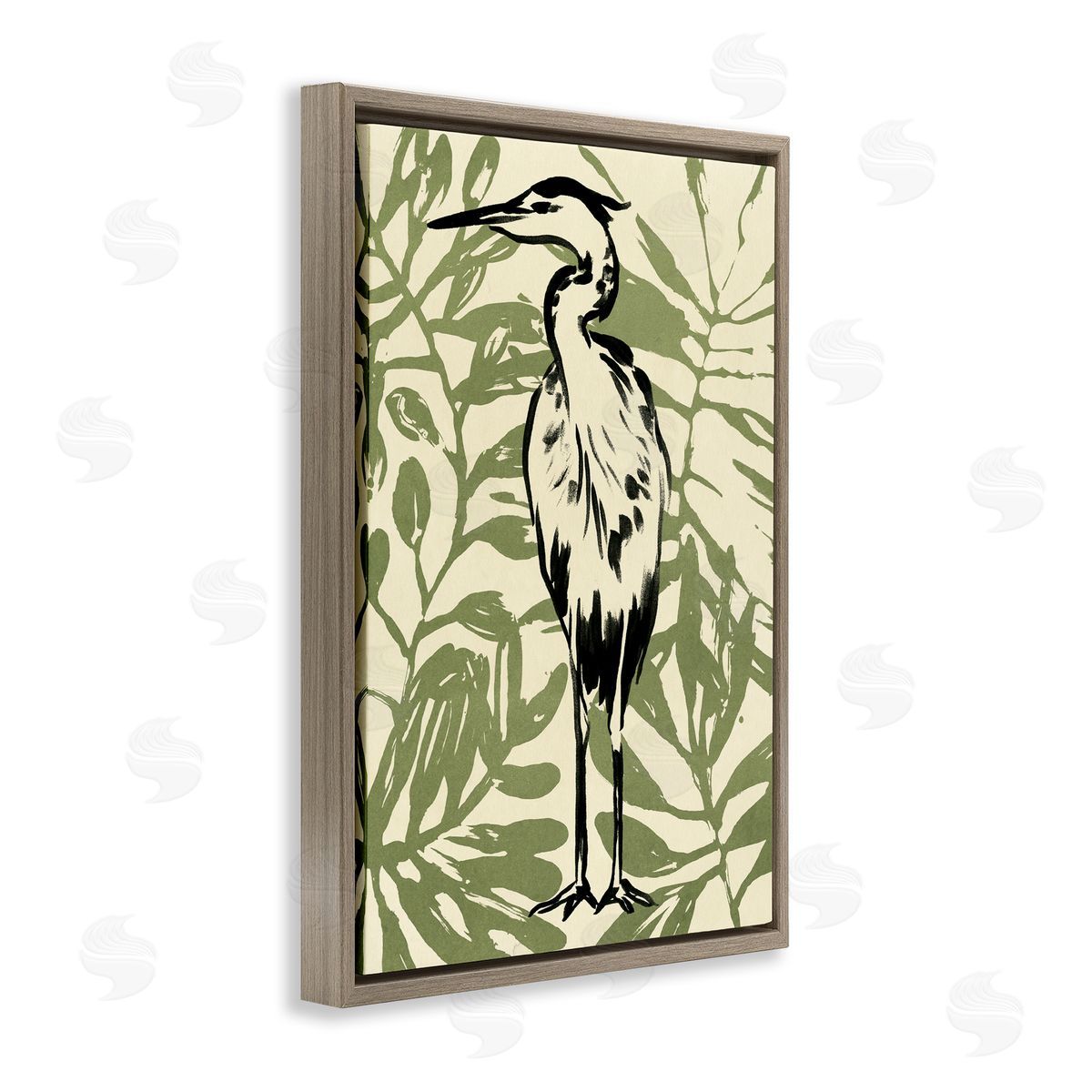 Wild Heron and Leaves Brown Floating Frame Canvas Wall Art, Home Decor by June Erica Vess