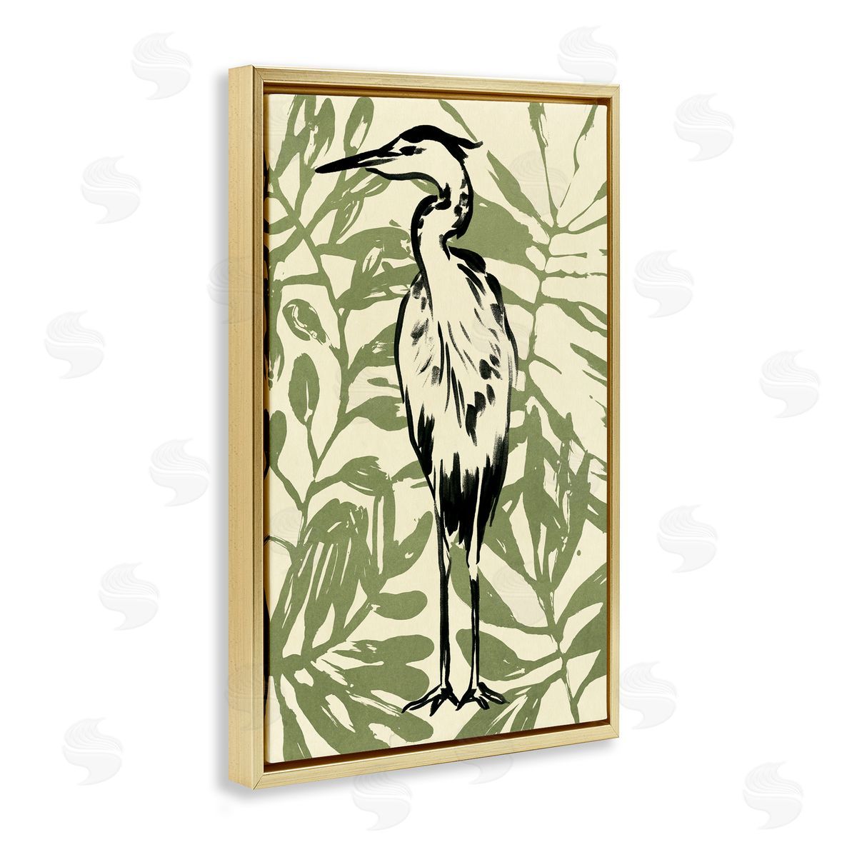 Wild Heron and Leaves Gold Floating Frame Canvas Wall Art, Home Decor by June Erica Vess