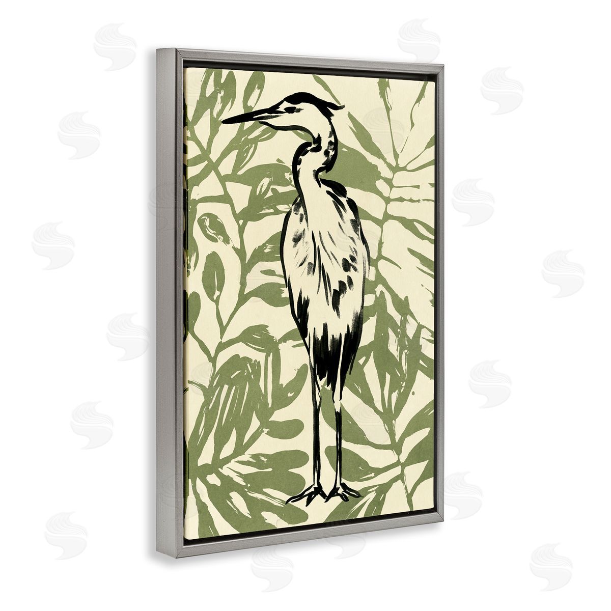 Wild Heron and Leaves Grey Floating Frame Canvas Wall Art, Home Decor by June Erica Vess