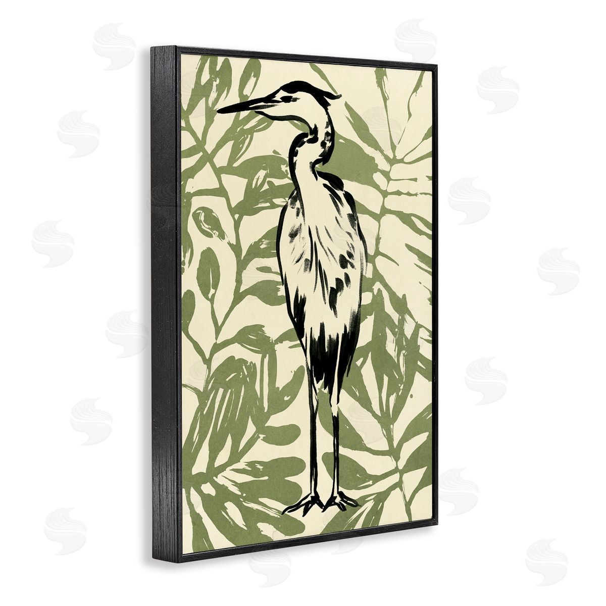 Wild Heron and Leaves Black Frame Print Wall Art, Home Decor by June Erica Vess