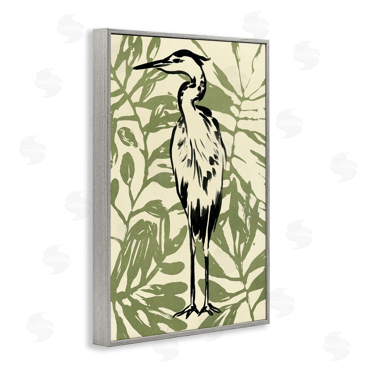 Wild Heron and Leaves Grey Frame Print Wall Art, Home Decor by June Erica Vess