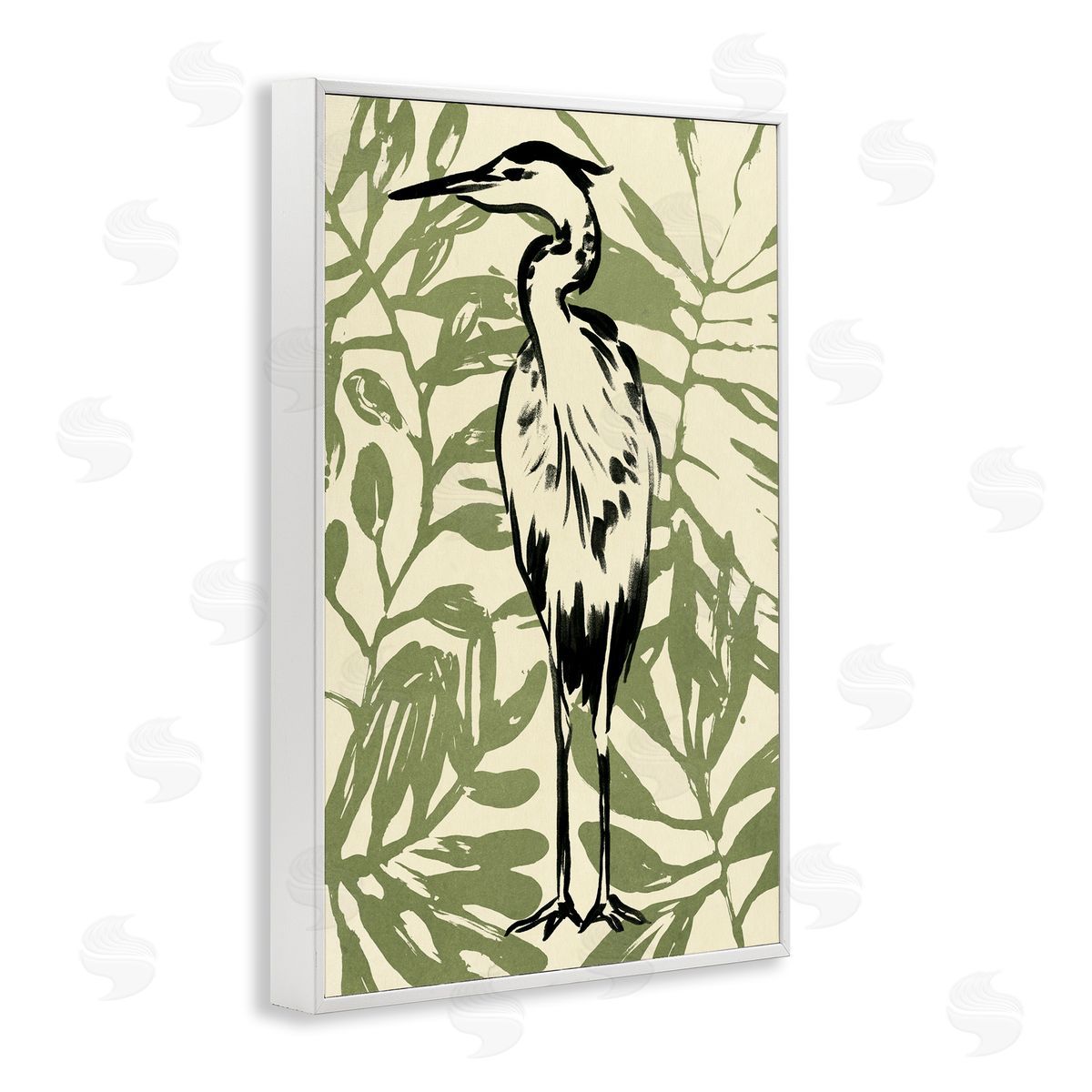 Wild Heron and Leaves White Frame Print Wall Art, Home Decor by June Erica Vess
