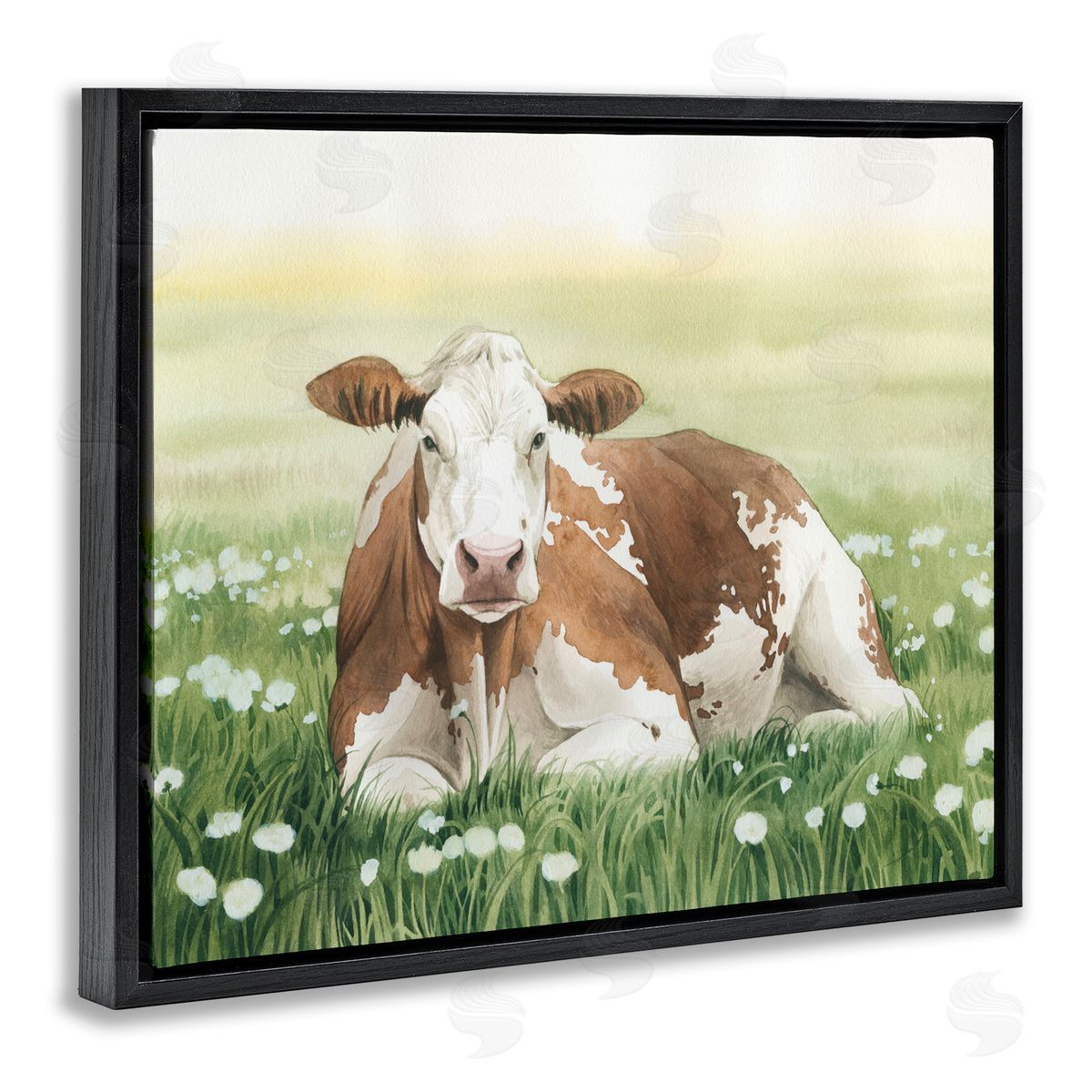 Cow and Meadow Blossoms Black Floating Frame Canvas Wall Art, Home Decor by Grace Popp