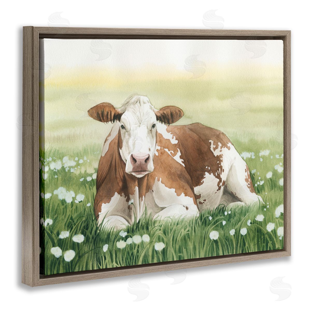 Cow and Meadow Blossoms Brown Floating Frame Canvas Wall Art, Home Decor by Grace Popp