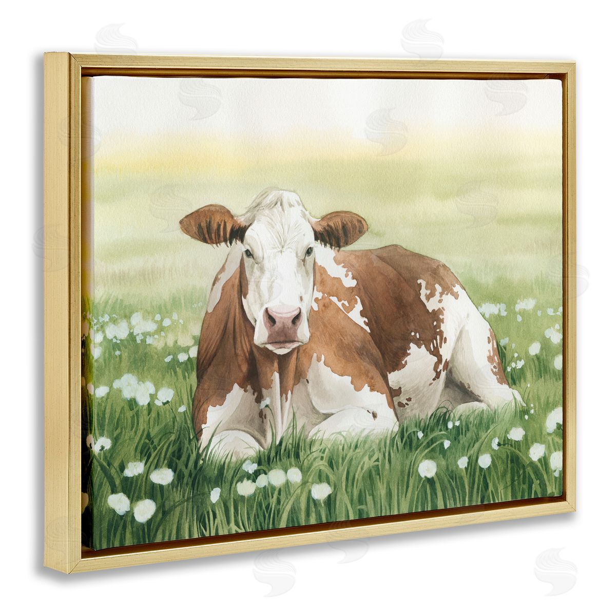Cow and Meadow Blossoms Gold Floating Frame Canvas Wall Art, Home Decor by Grace Popp