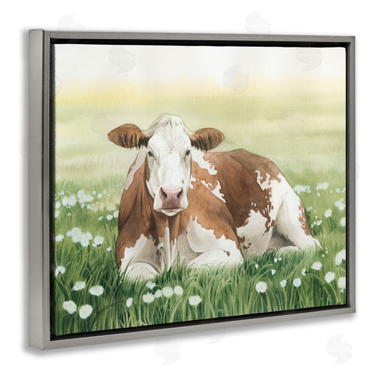 Cow and Meadow Blossoms Grey Floating Frame Canvas Wall Art, Home Decor by Grace Popp