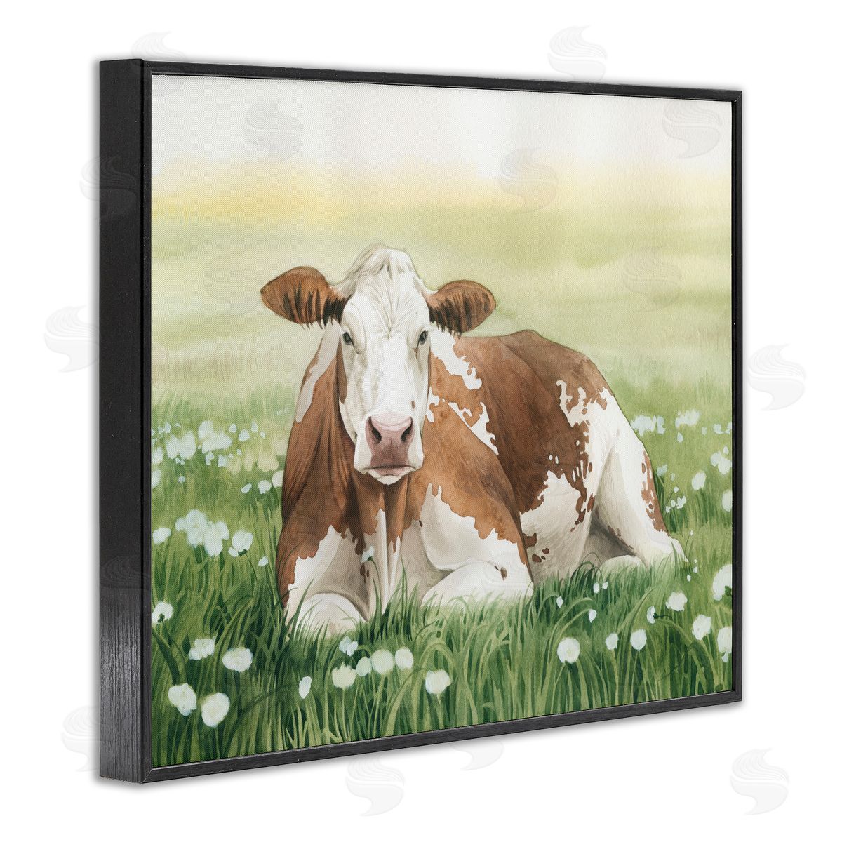 Cow and Meadow Blossoms Black Frame Print Wall Art, Home Decor by Grace Popp