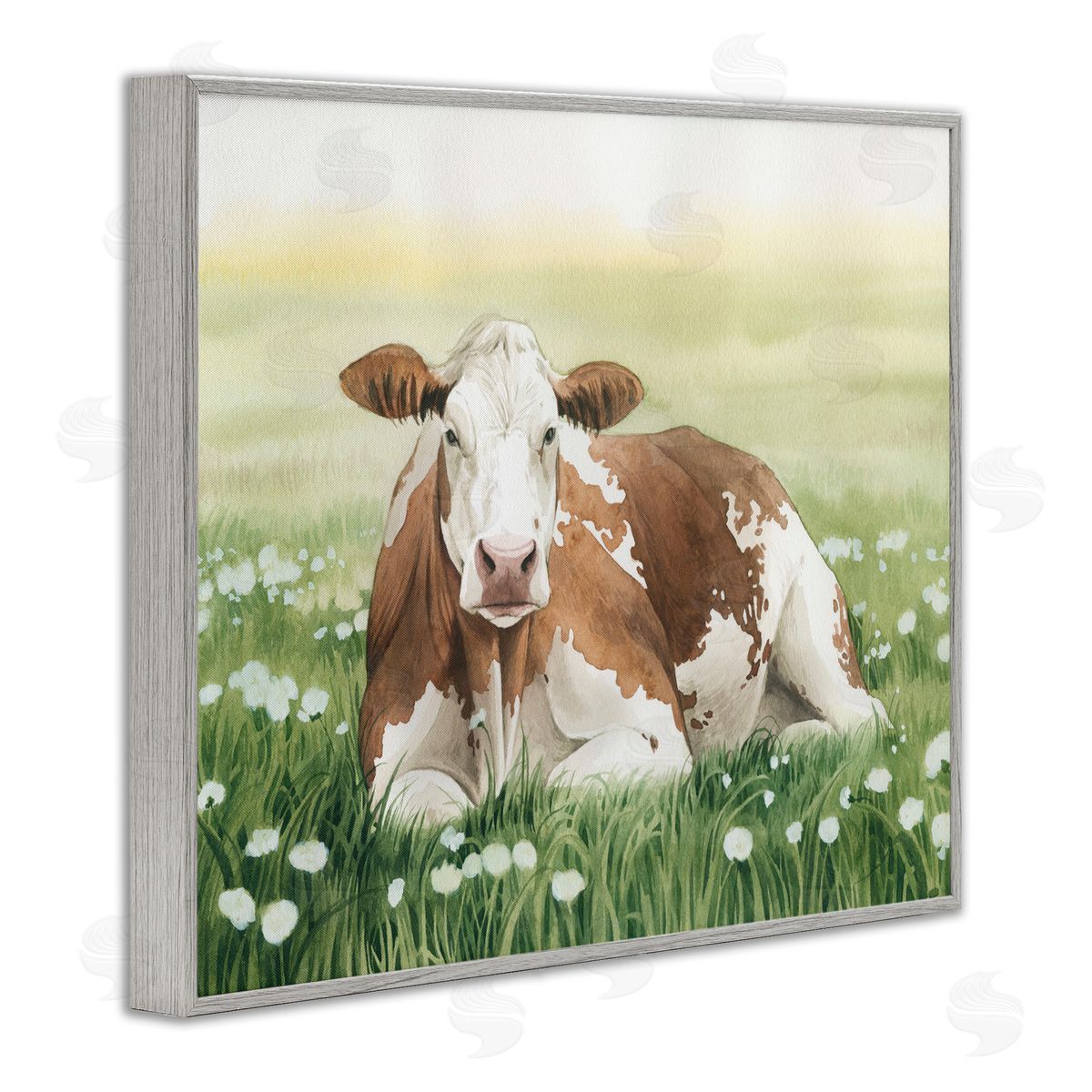 Cow and Meadow Blossoms Grey Frame Print Wall Art, Home Decor by Grace Popp