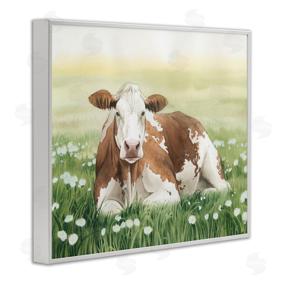 Cow and Meadow Blossoms White Frame Print Wall Art, Home Decor by Grace Popp