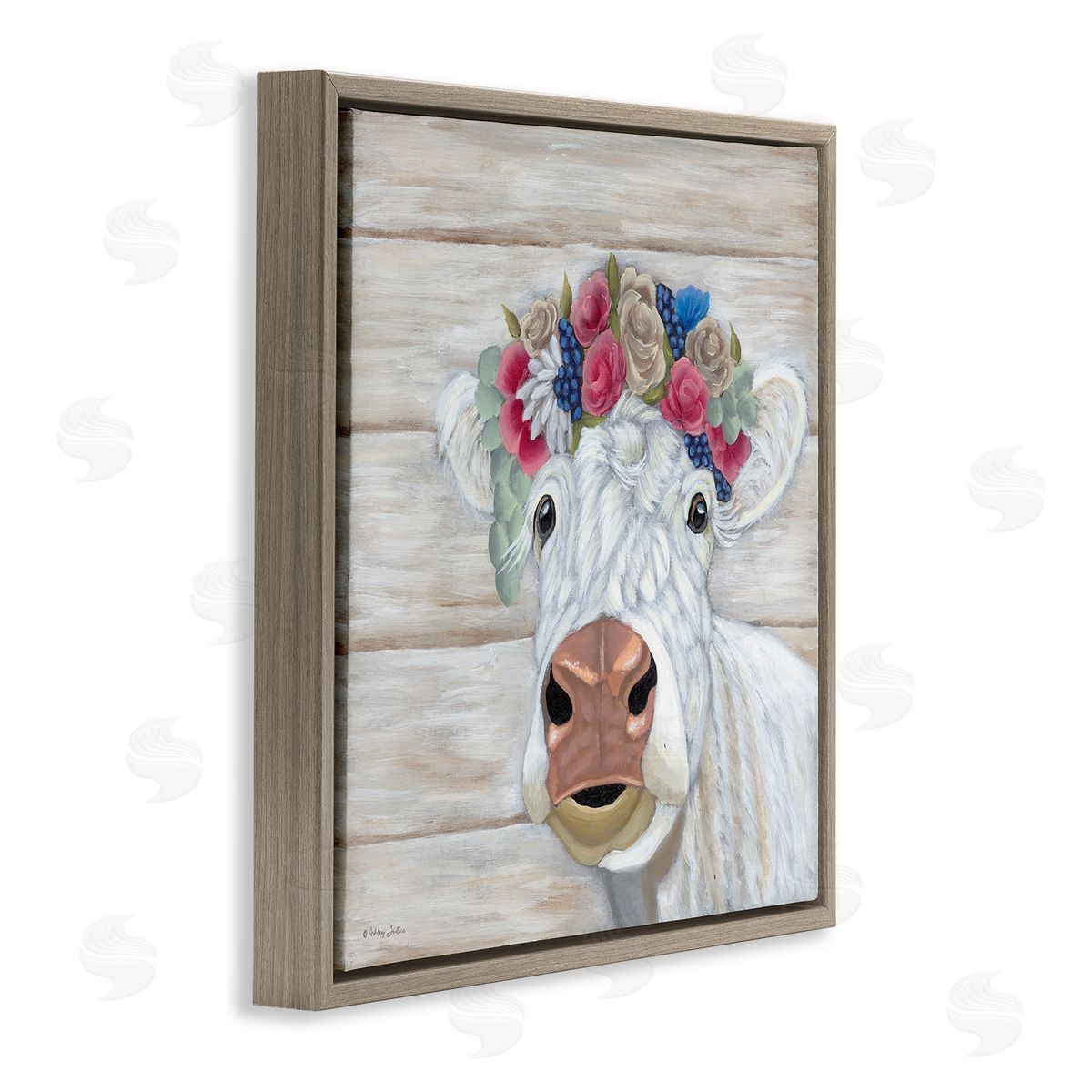Rustic Cow Flower Crown Brown Floating Frame Canvas Wall Art, Home Decor by Ashley Justice