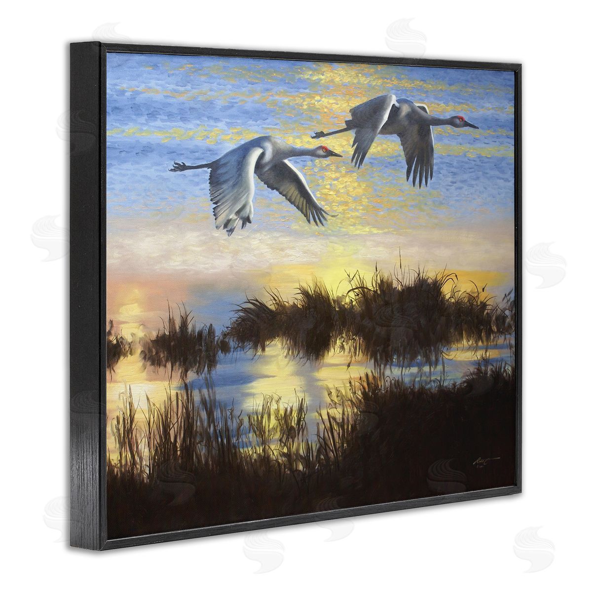 Two Cranes Over Lake Black Frame Print Wall Art, Home Decor by D. Rust