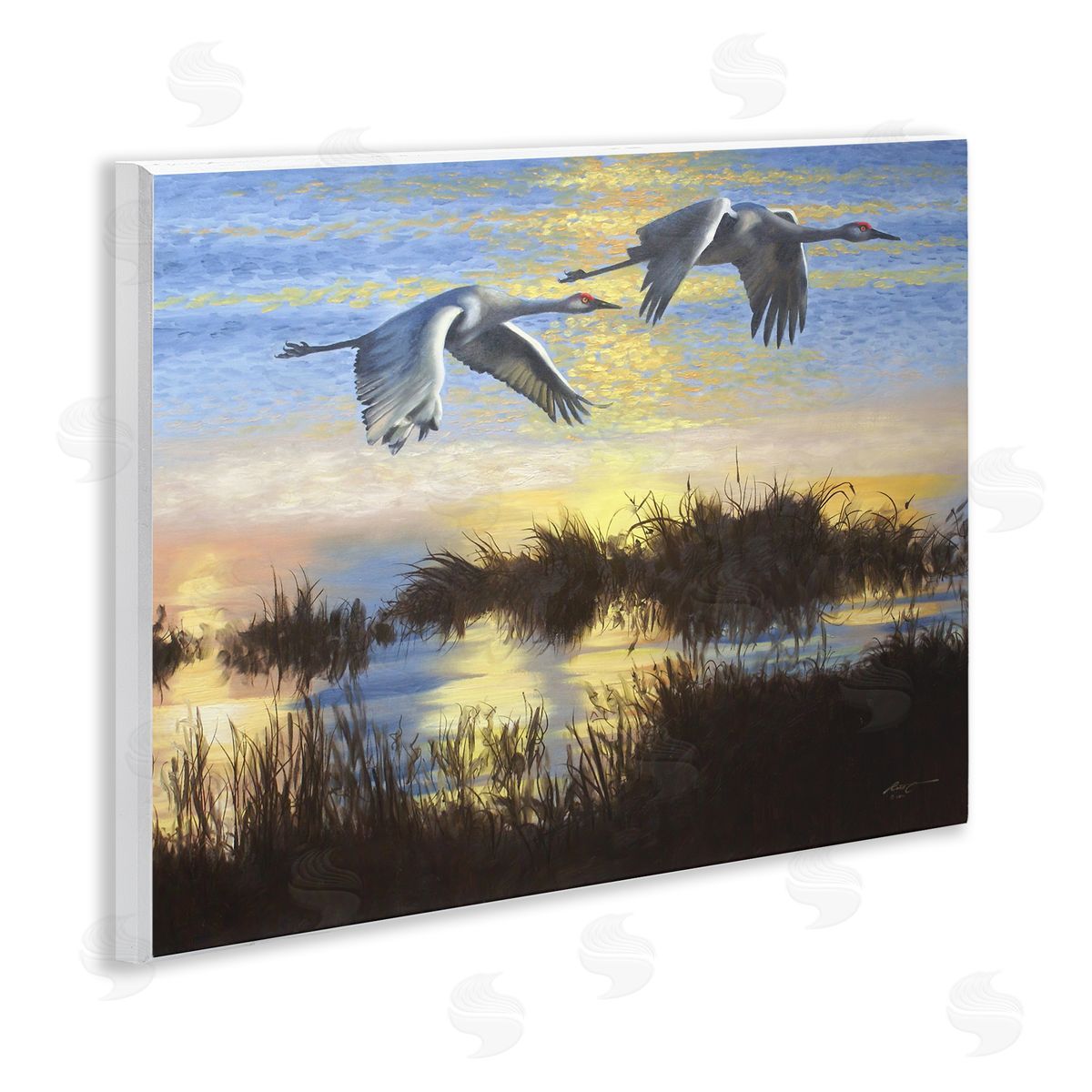 Two Cranes Over Lake Wood Plaque Wall Art, Home Decor by D. Rust