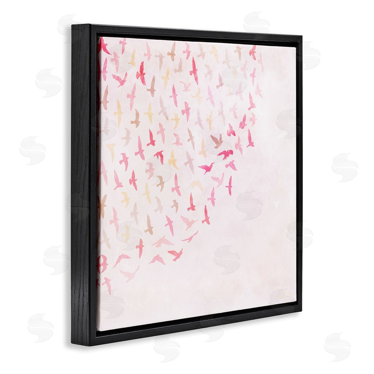 Fluttering Pink Birds Black Floating Frame Canvas Wall Art, Home Decor by Carrie Cantwell