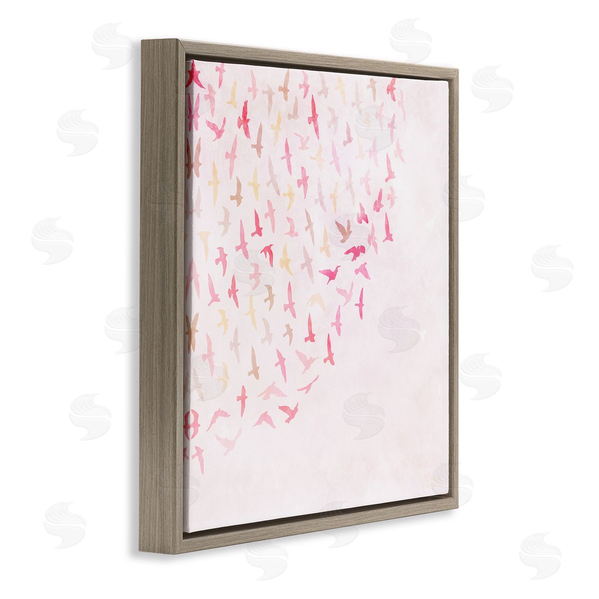 Fluttering Pink Birds Brown Floating Frame Canvas Wall Art, Home Decor by Carrie Cantwell