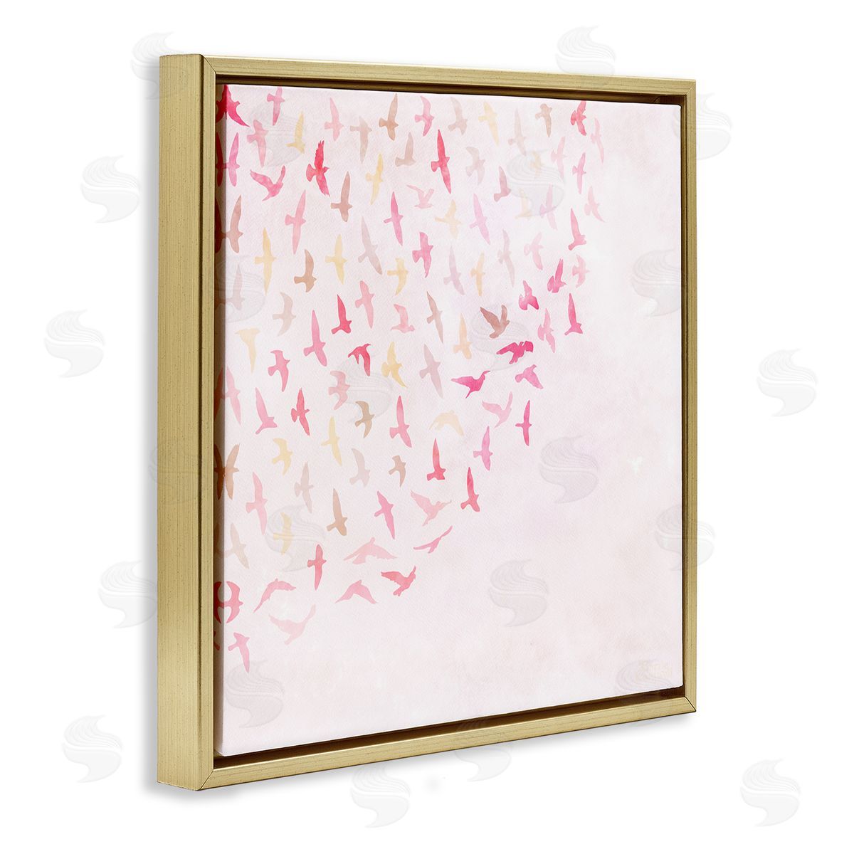 Fluttering Pink Birds Gold Floating Frame Canvas Wall Art, Home Decor by Carrie Cantwell