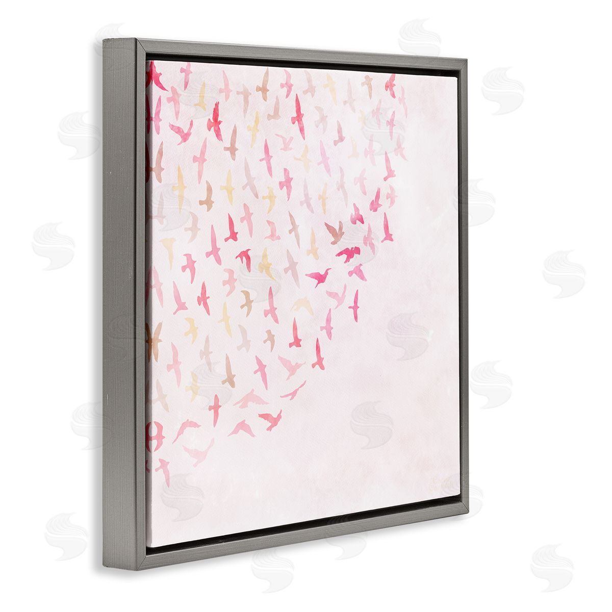 Fluttering Pink Birds Grey Floating Frame Canvas Wall Art, Home Decor by Carrie Cantwell