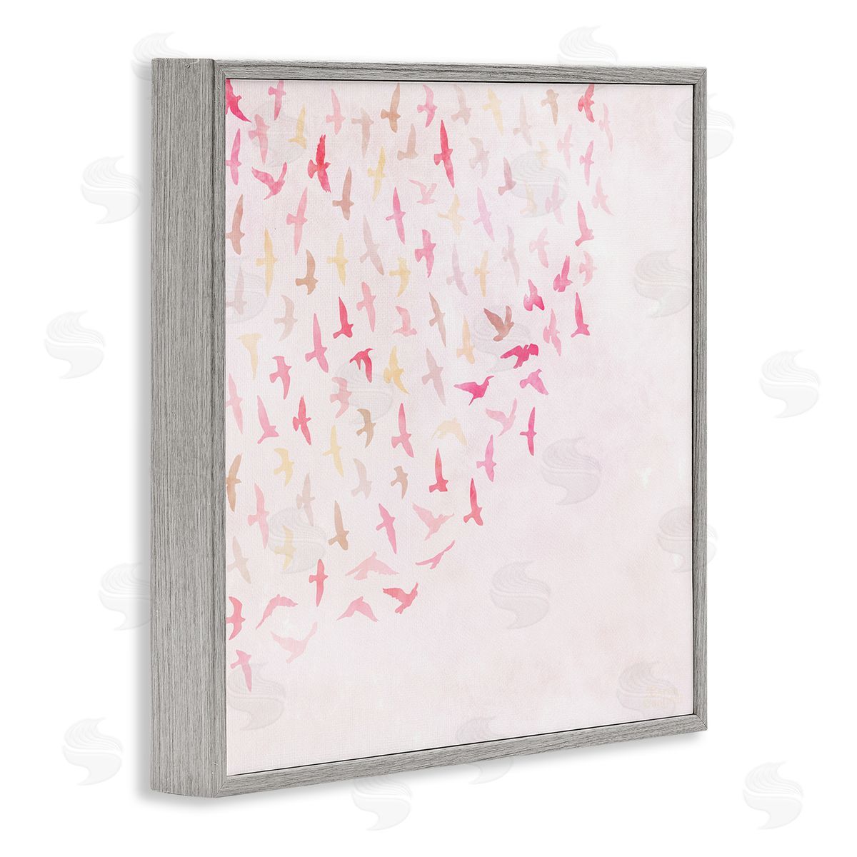 Fluttering Pink Birds Grey Frame Print Wall Art, Home Decor by Carrie Cantwell