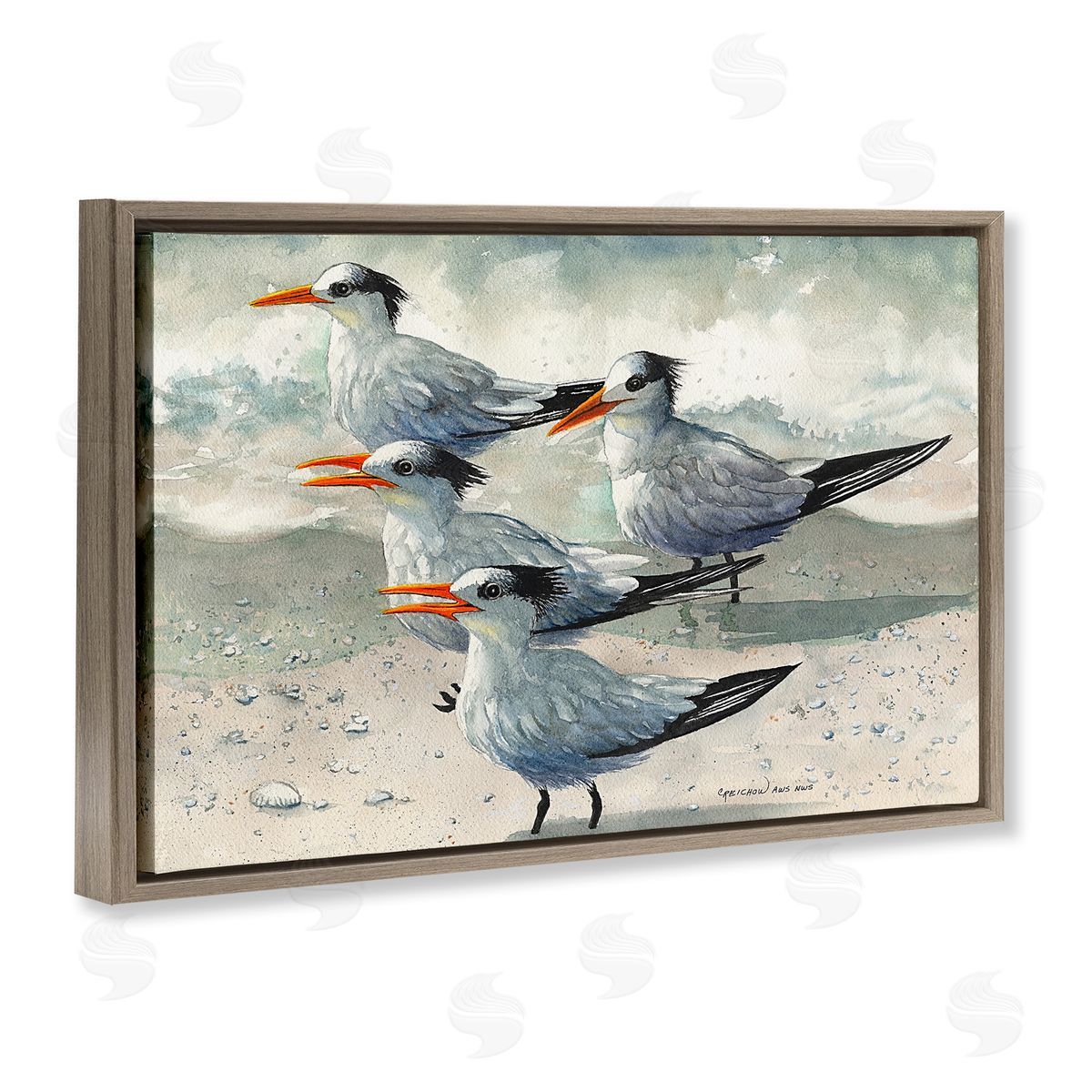 Birds on Sandy Beach Brown Floating Frame Canvas Wall Art, Home Decor by Christine Reichow